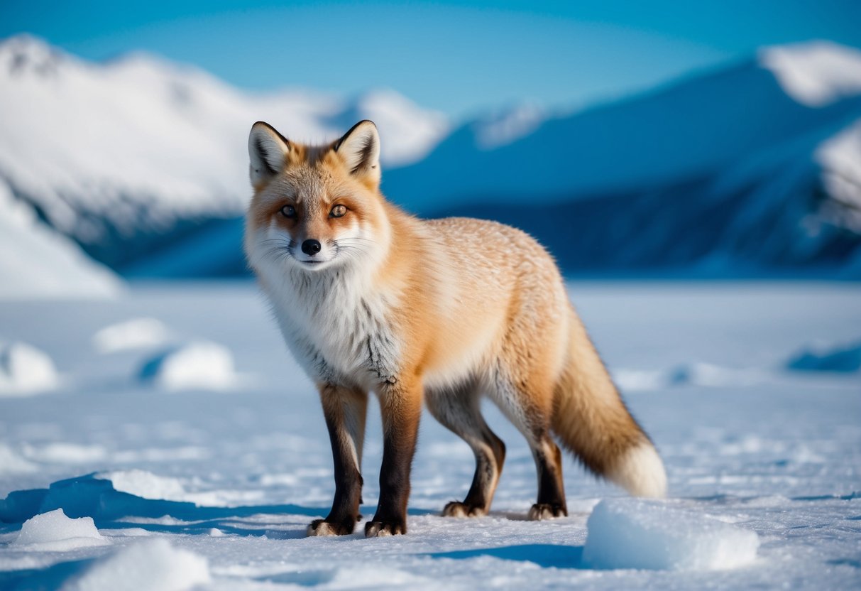 An arctic fox with a thick, fluffy coat stands in a snowy landscape, surrounded by icy mountains and a frozen tundra
