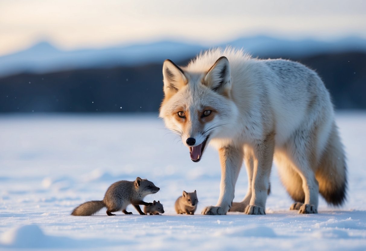 An arctic fox hunts and eats small rodents in a snowy landscape, while its thick fur protects it from the cold