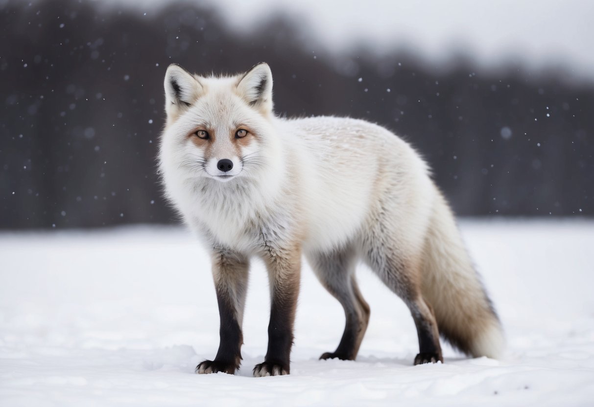 An arctic fox stands in a snowy landscape, its thick white fur blending in with the surroundings. Snowflakes fall gently around it as it adapts to the harsh environment