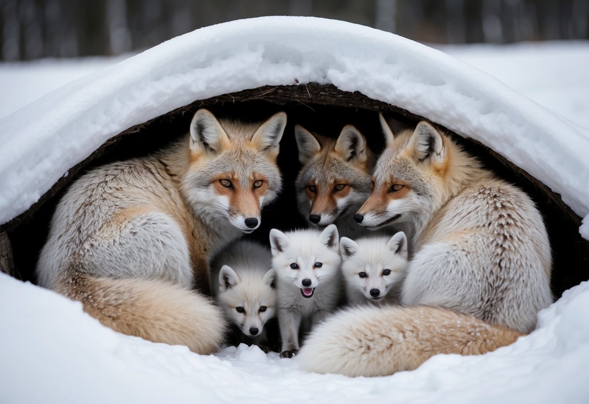 A family of arctic foxes huddles together in their snowy den, with playful, fluffy white fox kits peeking out from the warmth of their mother's fur