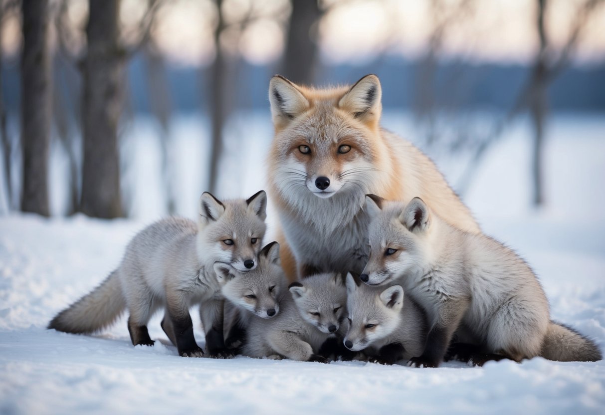 An arctic fox family with a mother and her kits in a snowy den, the babies called "pups," playing and snuggling together