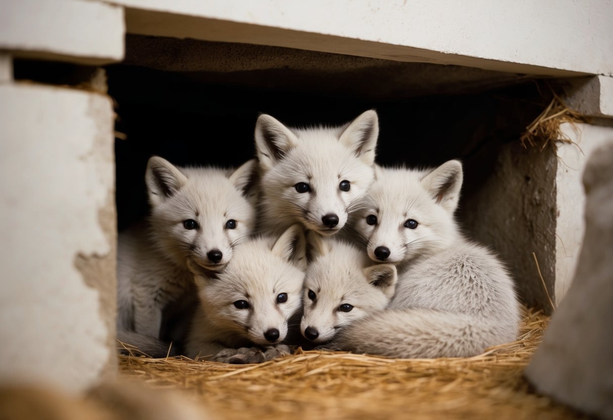 Arctic fox kits huddle together in their den, fluffy white fur and pointed ears peeking out from the warmth of their mother's embrace