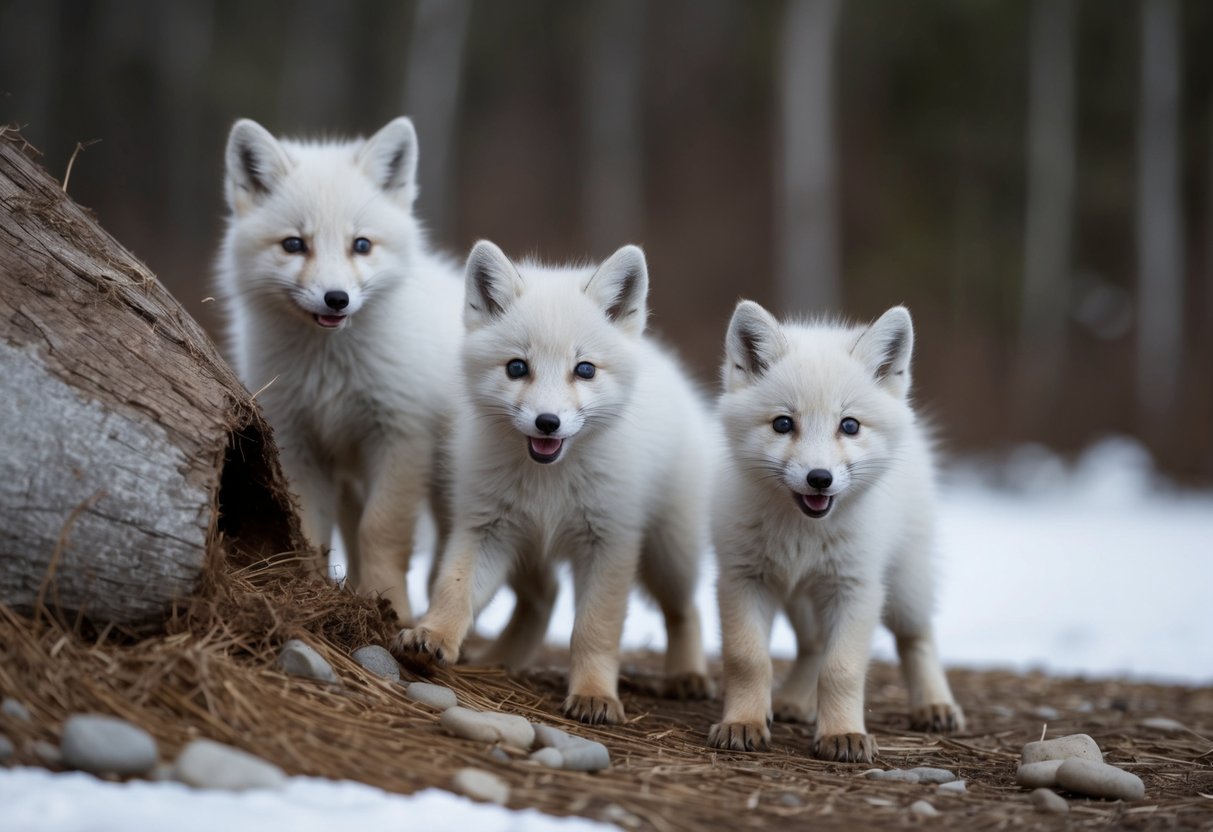 Arctic fox kits playing and exploring outside their den