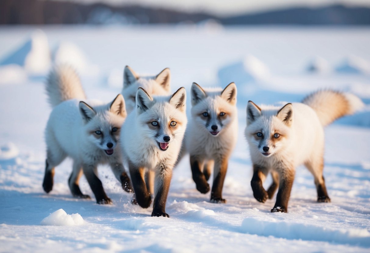 A group of playful arctic fox kits romp in the snow, their fluffy white fur contrasting against the icy landscape