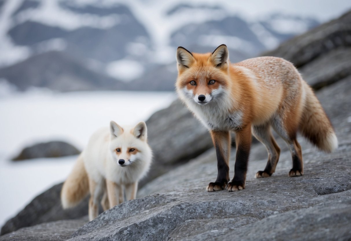 An arctic fox with a brown coat stands against a snowy backdrop, while nearby, the same fox with a white coat blends into a rocky, tundra landscape