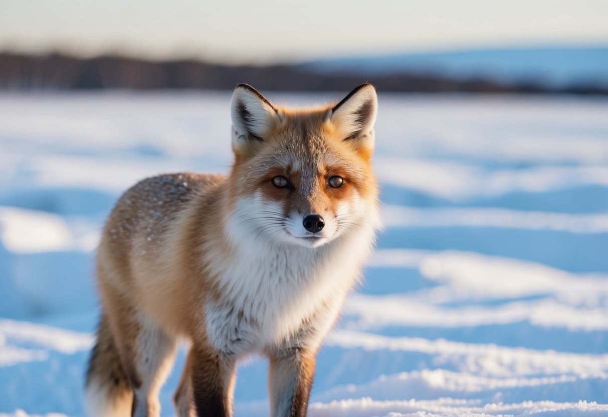An arctic fox with a brown coat blends into a snowy winter landscape. As summer arrives, its coat turns white, camouflaging it against the tundra