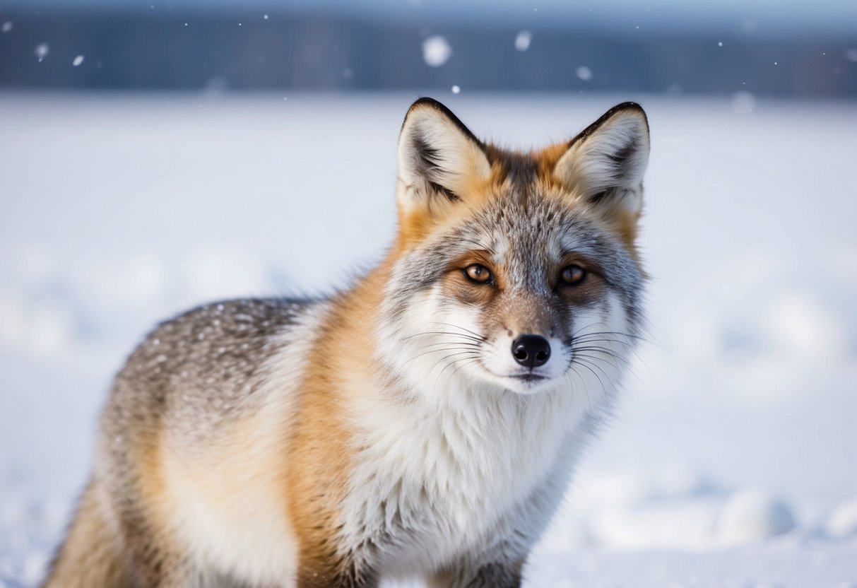 An arctic fox's black coat fades to a lighter color as it blends with the snowy landscape
