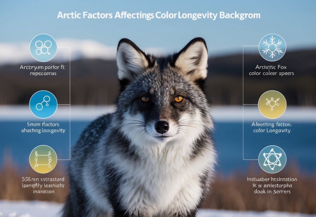 An arctic fox with black fur standing in a snowy landscape, with various factors affecting its color longevity depicted in the background
