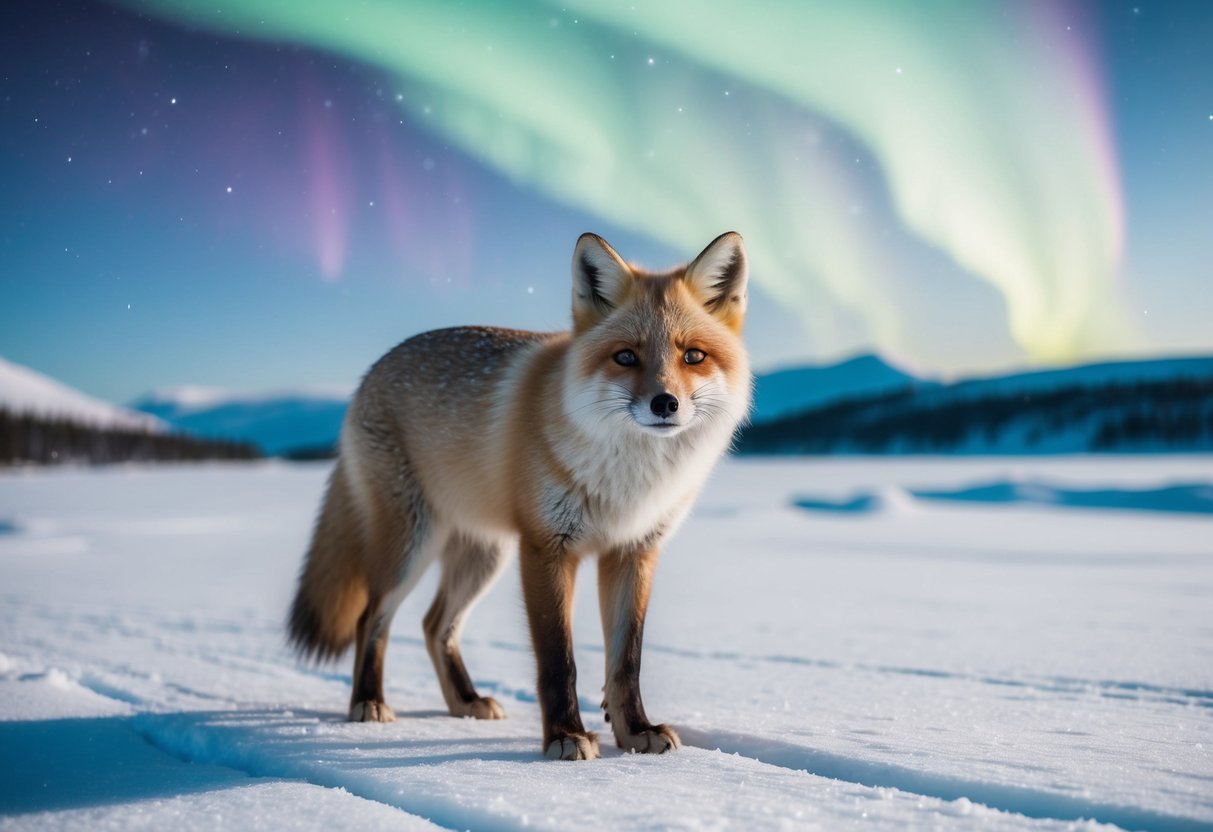 An arctic fox standing on a snowy landscape, with the northern lights shining in the sky