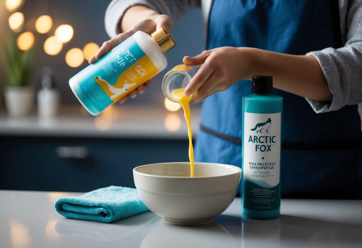 A person pouring Arctic Fox hair dye into a bowl, with a bottle of shampoo and conditioner nearby