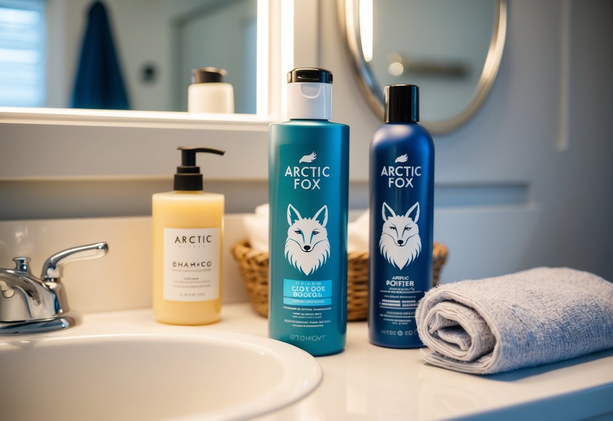 A bottle of Arctic Fox Hair Color sits next to a shampoo bottle and a towel on a bathroom counter