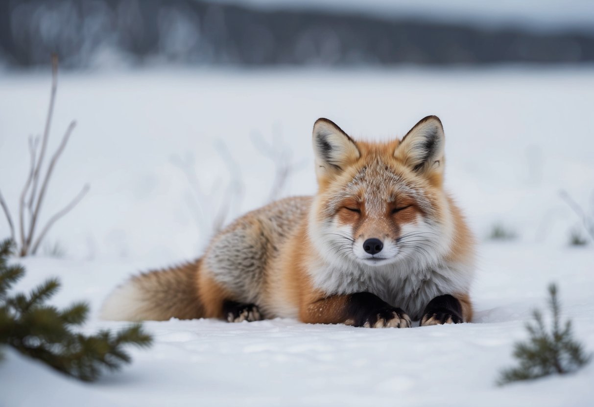 An arctic fox peacefully resting in a natural snowy habitat, surrounded by serene and untouched beauty
