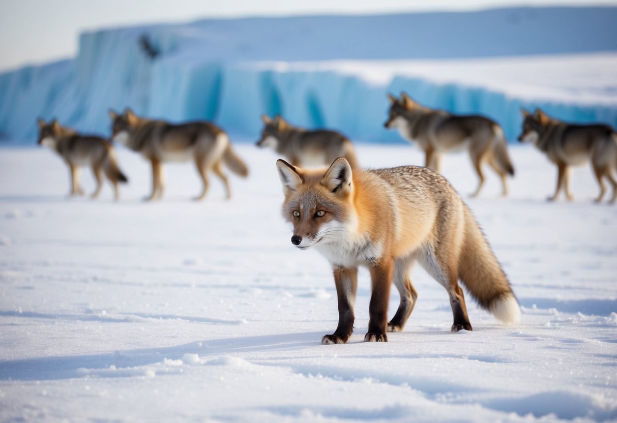An arctic fox cautiously scans the snowy tundra, surrounded by icy cliffs and a distant pack of wolves on the prowl