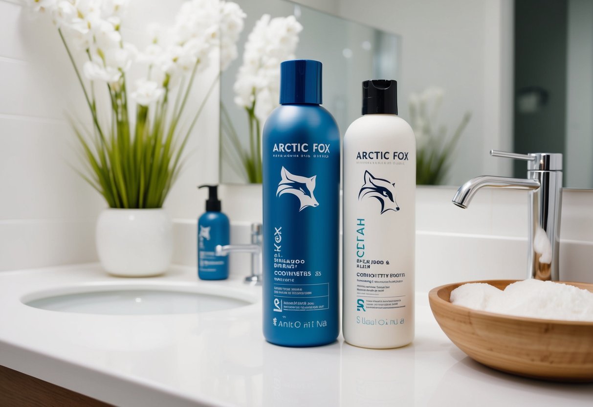 A bottle of Arctic Fox hair dye sits next to a bottle of shampoo and conditioner on a clean, white bathroom counter