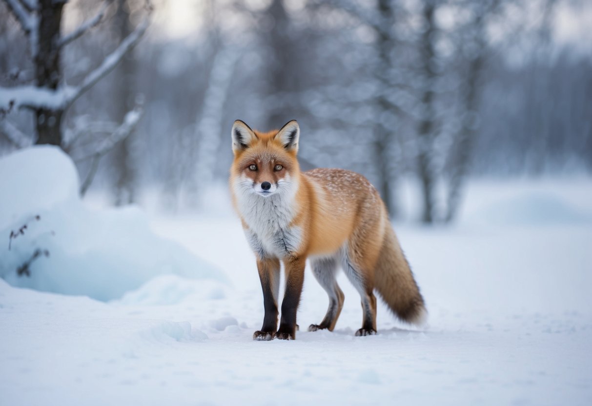 An arctic fox standing alone in a snowy landscape, surrounded by ice and snow-covered trees
