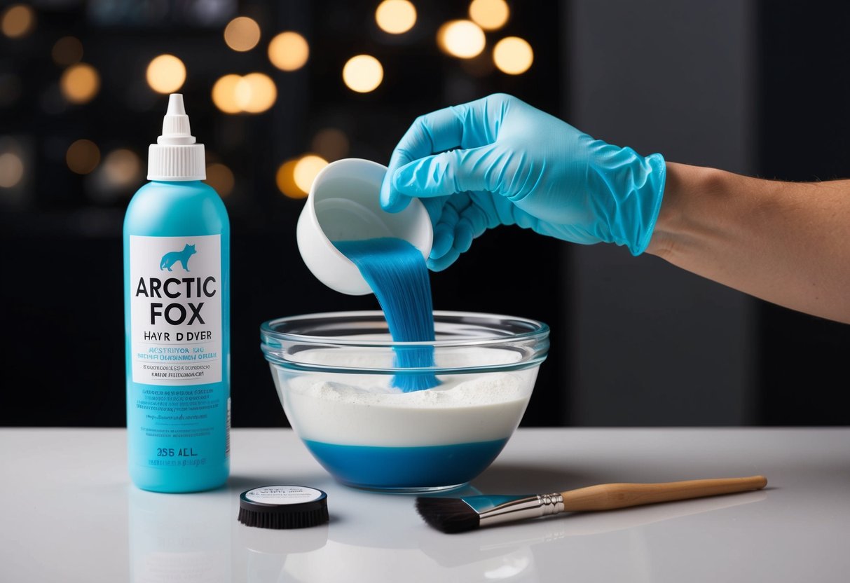 A gloved hand pours Arctic Fox hair dye into a mixing bowl next to a bottle of developer, with a brush ready for blending