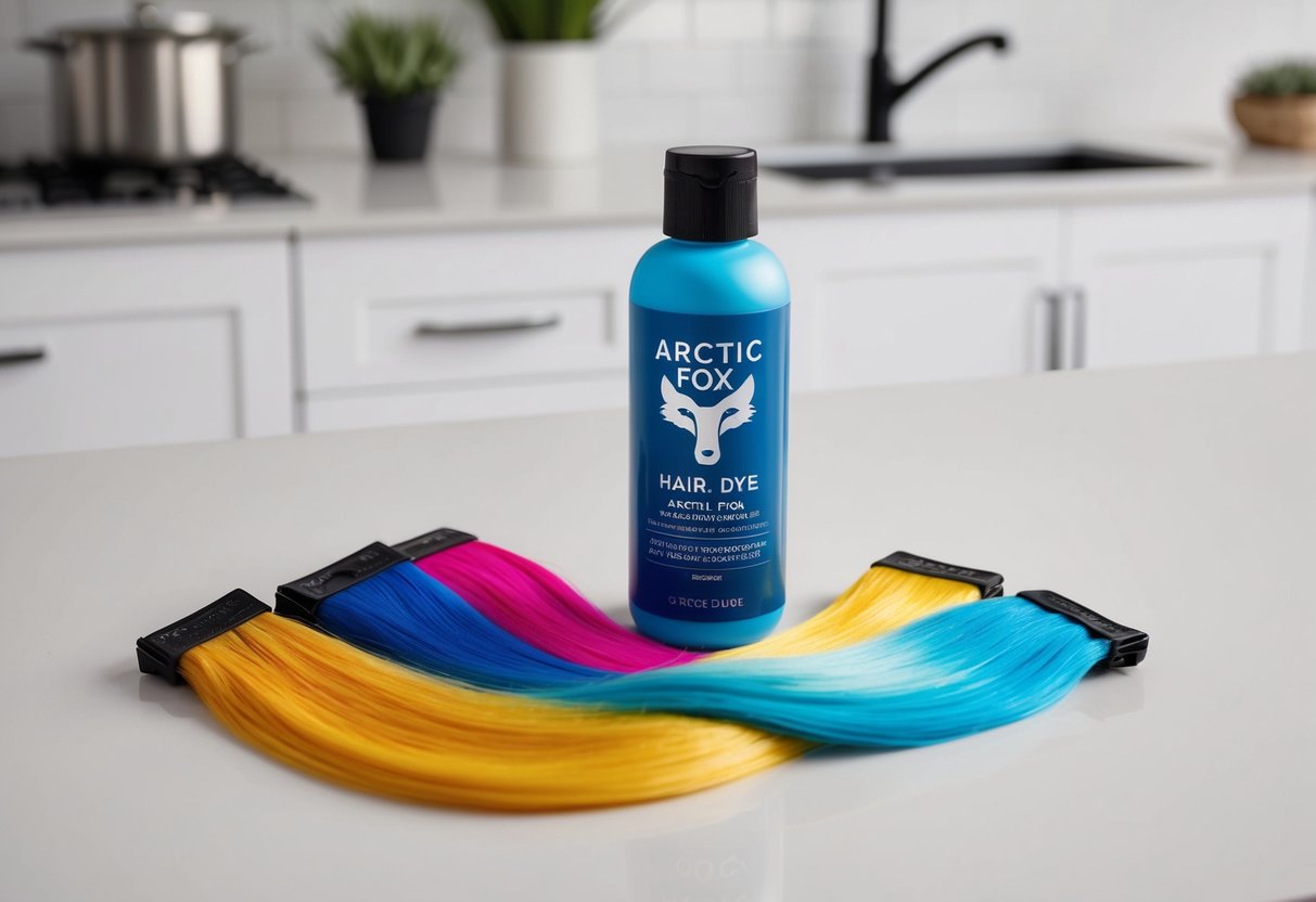 A bottle of Arctic Fox hair dye sits on a clean, white countertop, surrounded by a few strands of dyed hair in various vibrant colors