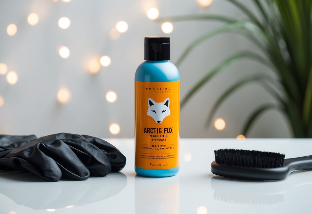 A bottle of Arctic Fox hair dye sits on a clean, white surface, ready to be used. A pair of gloves and a brush are nearby