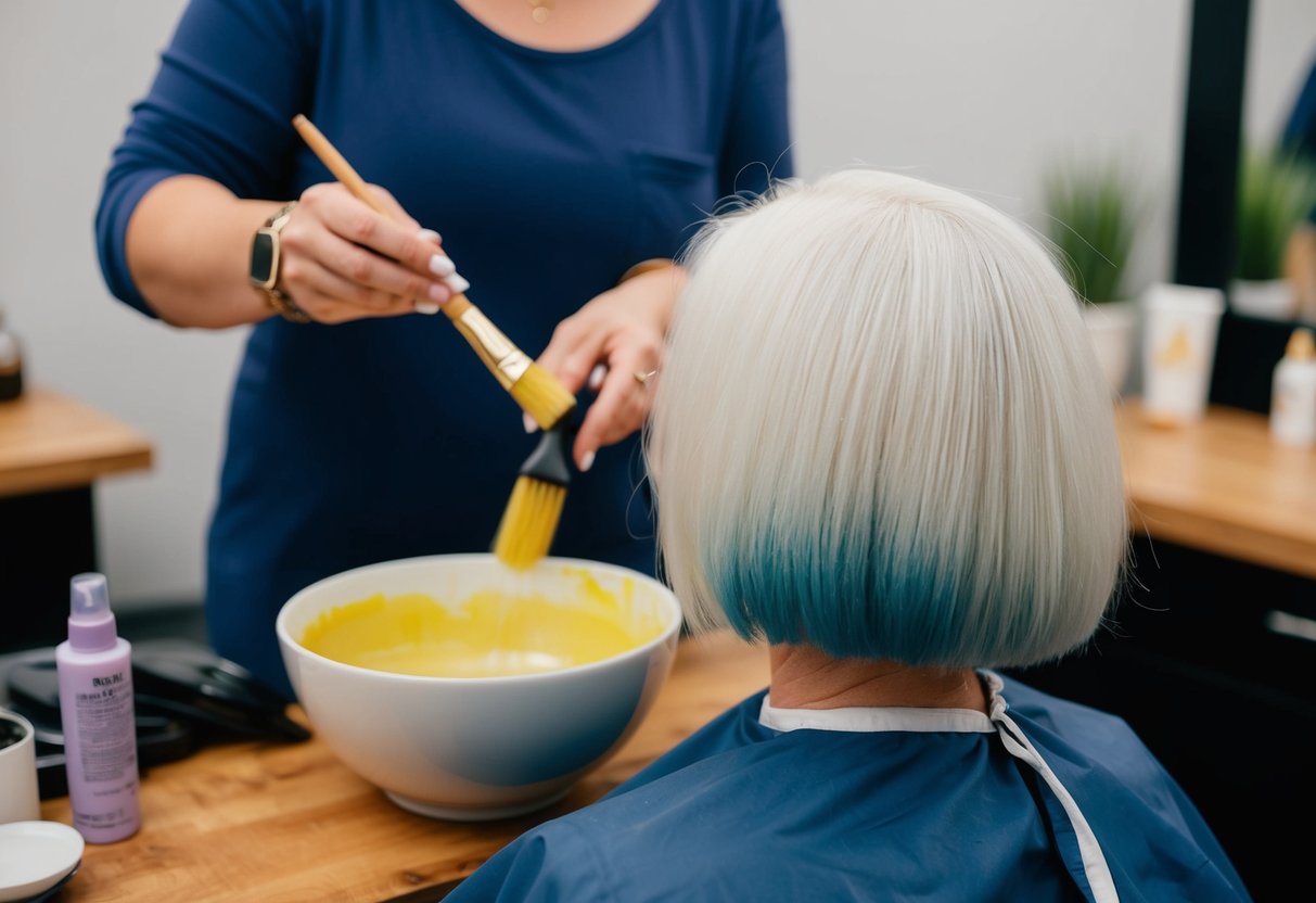 A person mixes Arctic Fox hair color with a bowl and brush, then applies it to their hair