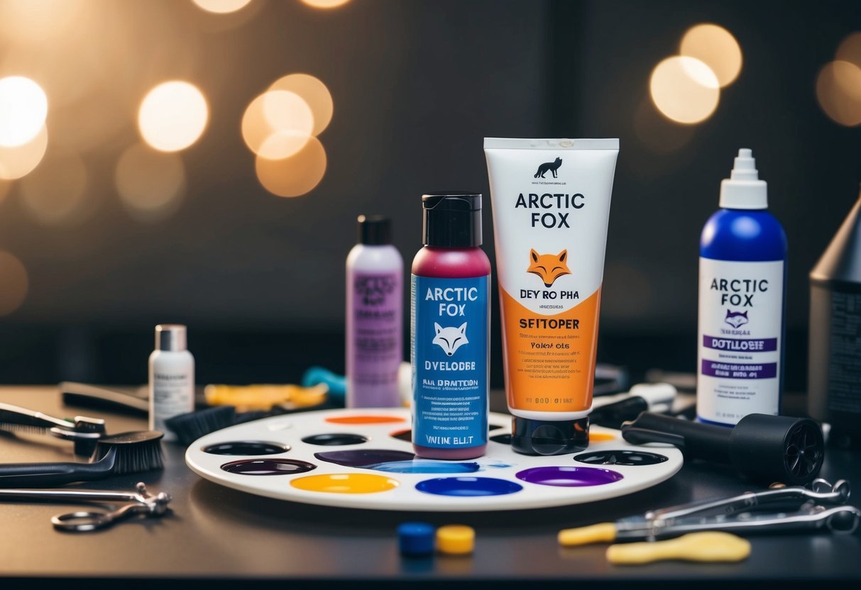 An artist's palette with a tube of Arctic Fox hair dye and a bottle of developer, surrounded by various hair dyeing tools and accessories