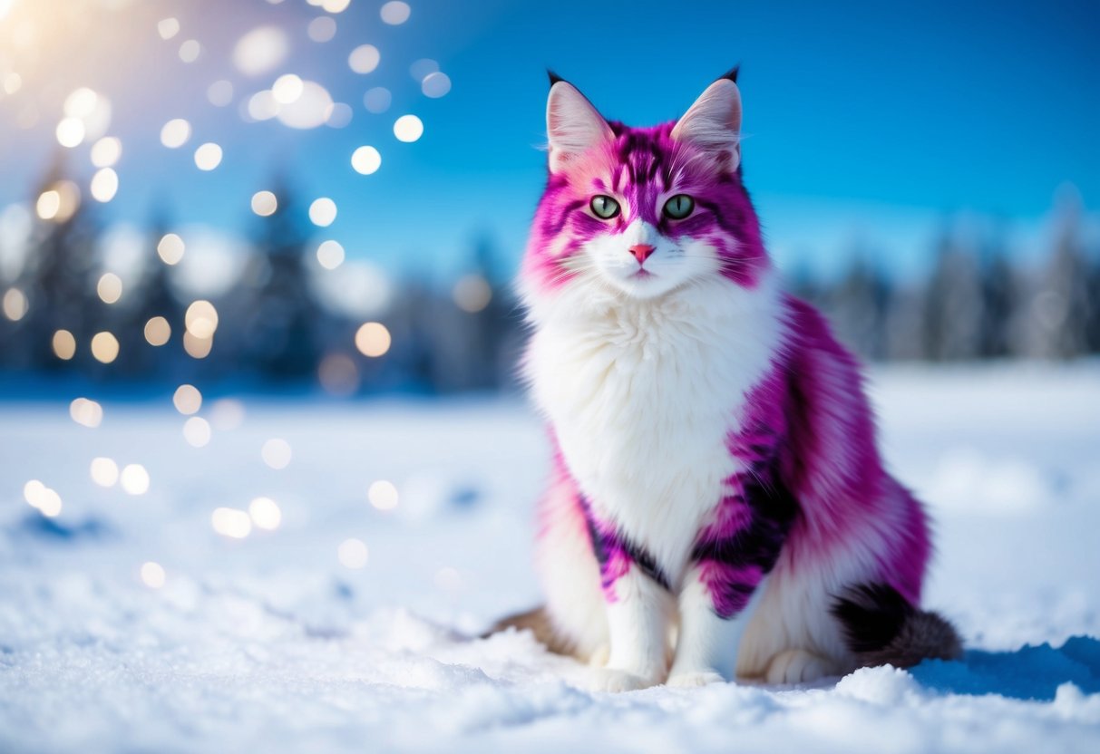 A cat with vibrant arctic fox-inspired fur, surrounded by snowy landscapes