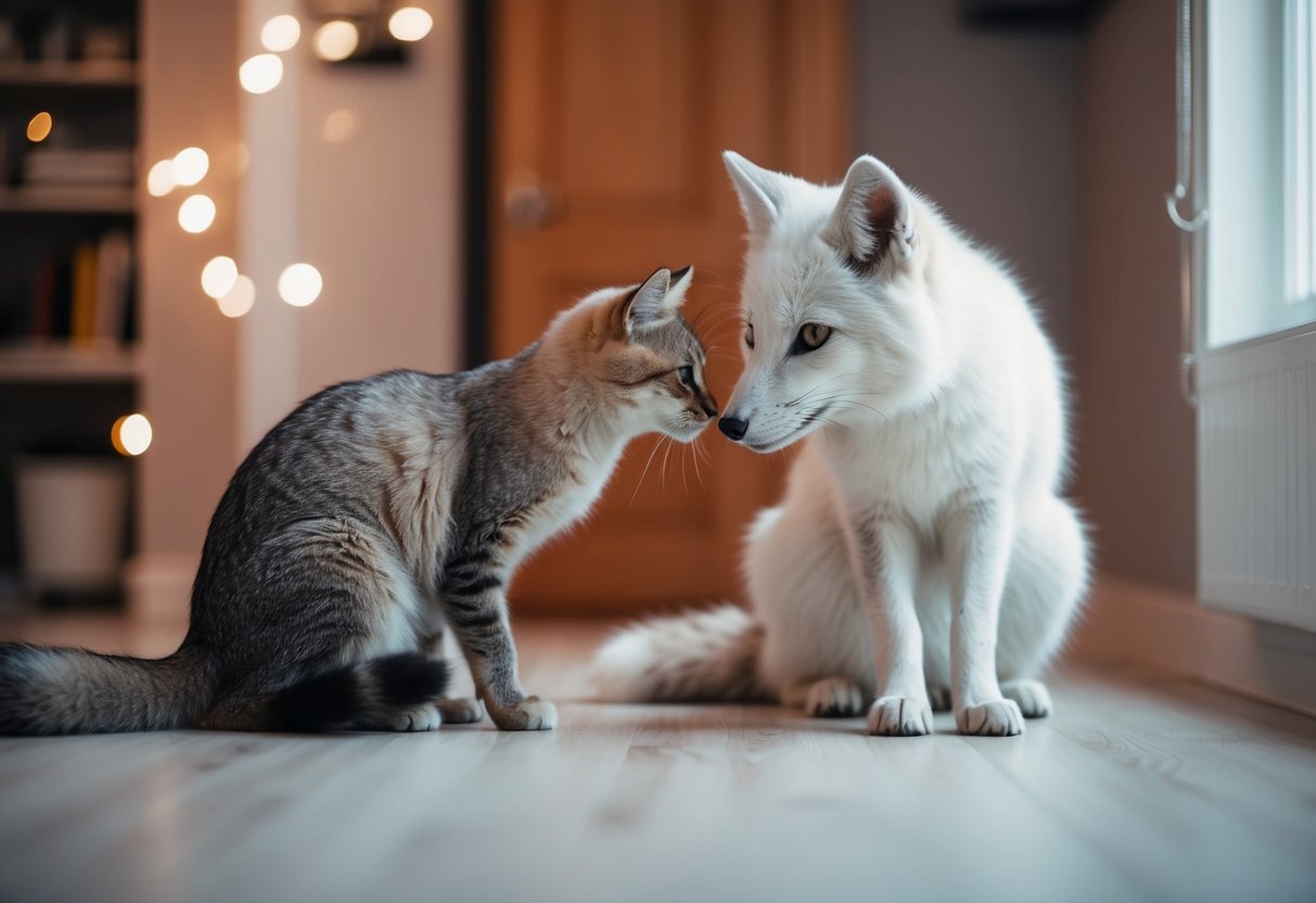 An arctic fox and a cat interacting in a domestic setting