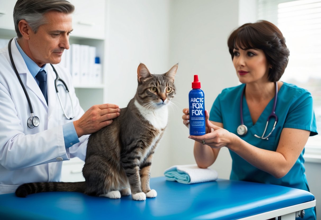 A cat sitting on a veterinarian's examination table while a concerned owner looks on, with the veterinarian holding a bottle of arctic fox hair dye