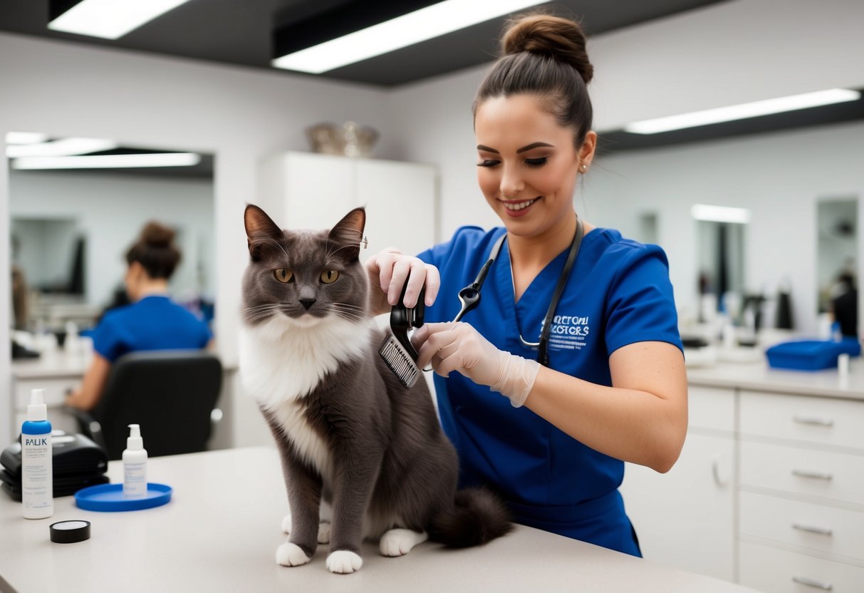 A cat being groomed with Arctic Fox fur dye by a professional groomer in a well-lit and clean grooming salon