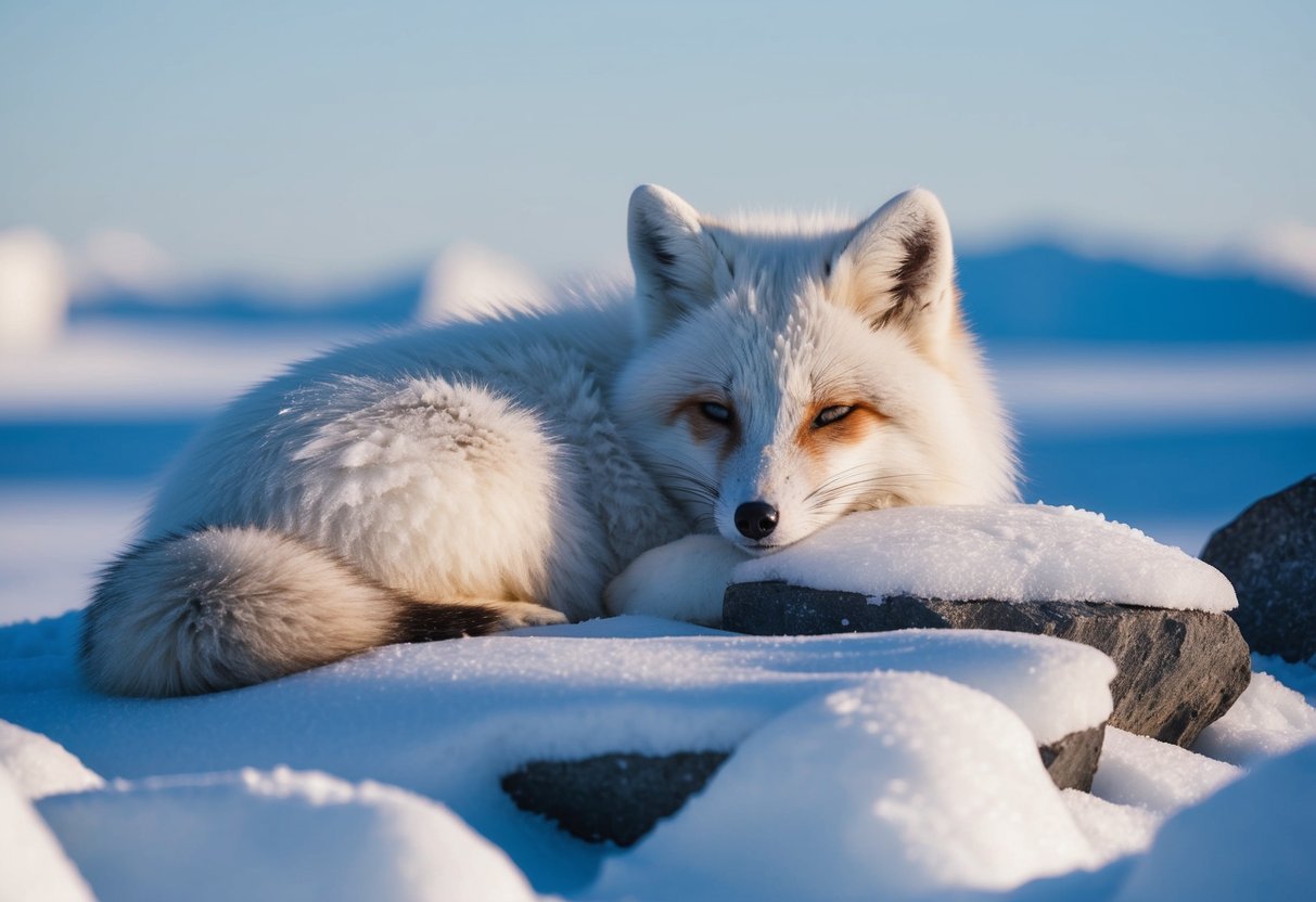 An arctic fox snuggled in its thick, white fur, nestled among snow-covered rocks with a backdrop of icy tundra and a clear, cold sky