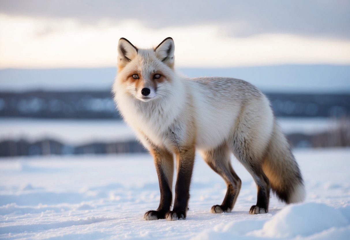 An Arctic fox with thick, white fur stands in a snowy landscape, its fluffy coat providing insulation against the cold
