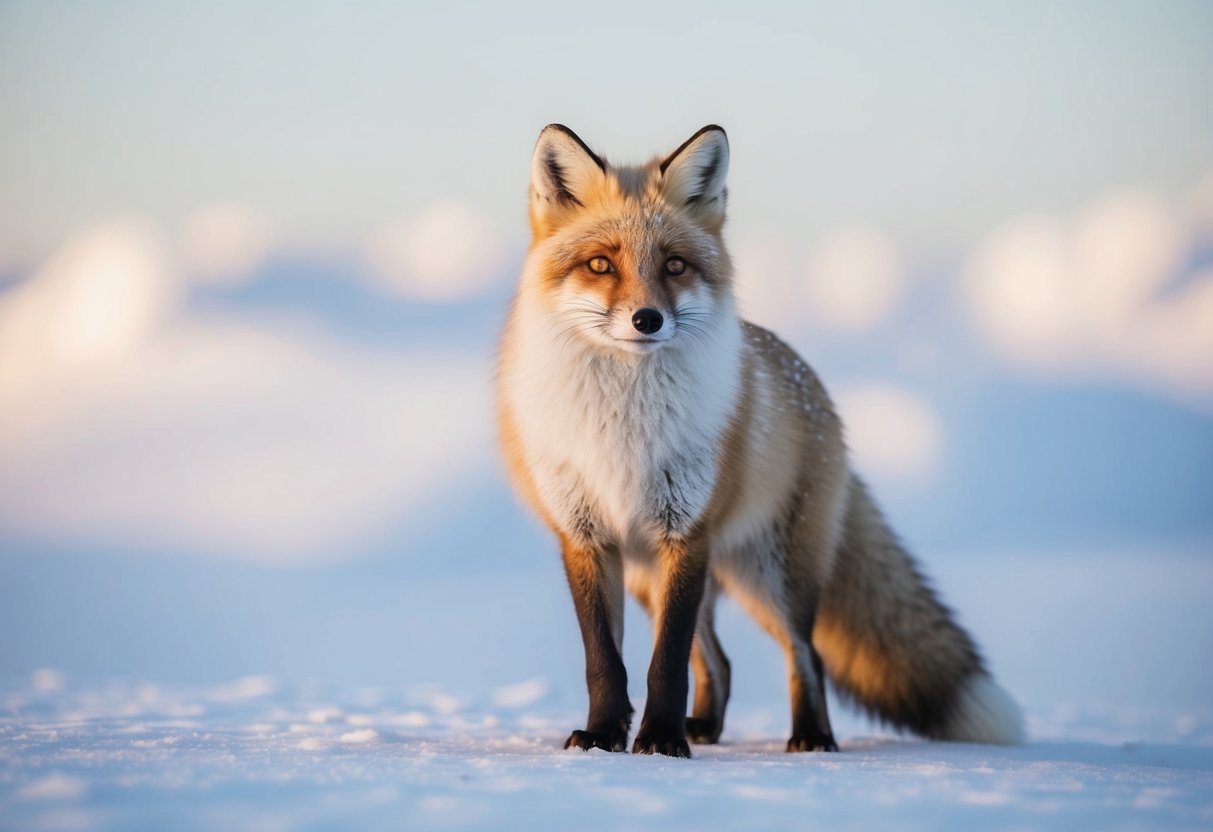 An arctic fox with thick, fluffy fur stands against a snowy backdrop, its coat providing insulation from the cold climate