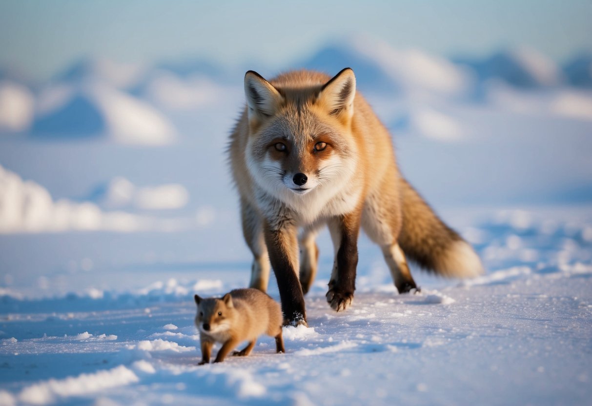 An arctic fox hunts a lemming in the snowy tundra, its thick fur keeping it warm in the frigid landscape