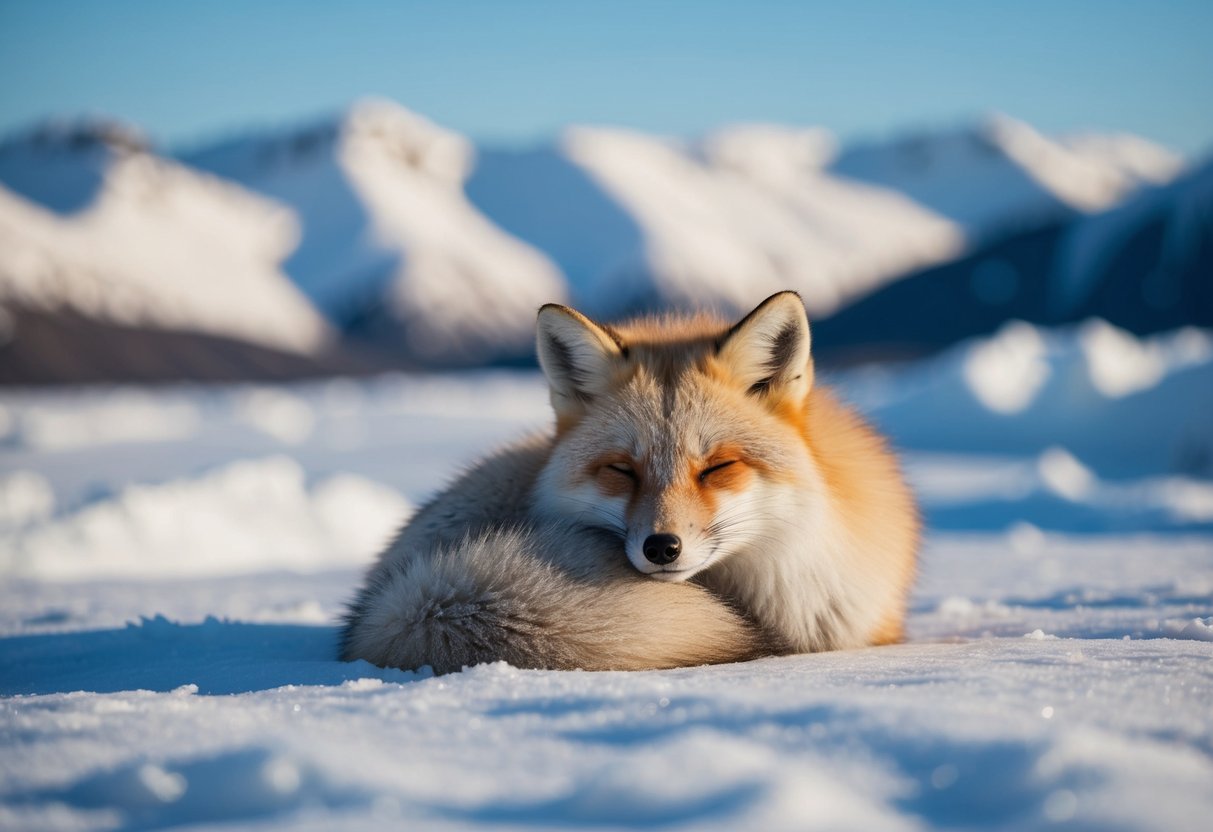An arctic fox snuggles in its warm fur, surrounded by icy tundra and snow-covered mountains, while observing its natural habitat