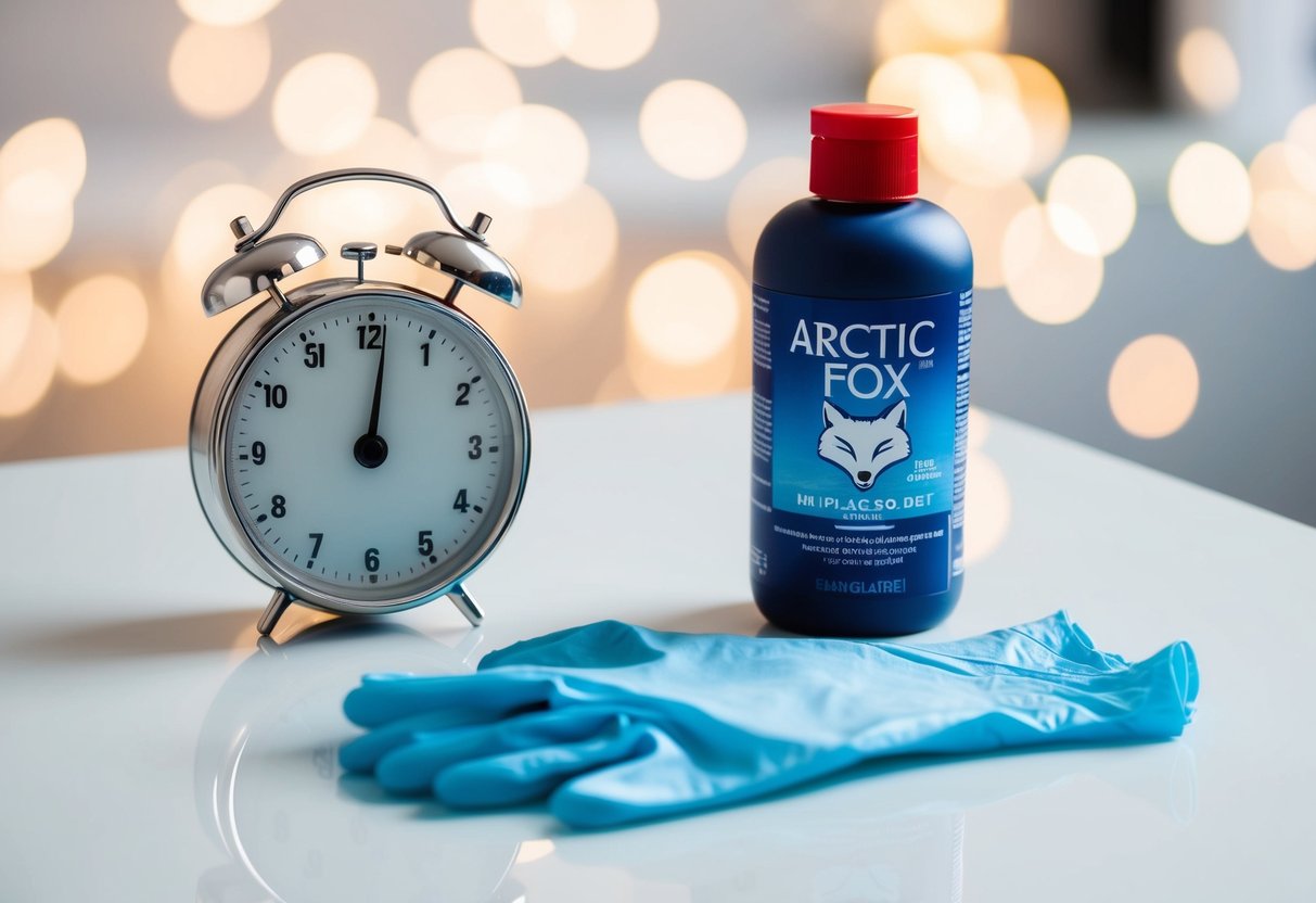 A timer set for 30 minutes next to an open bottle of arctic fox hair dye and a pair of gloves on a clean, flat surface