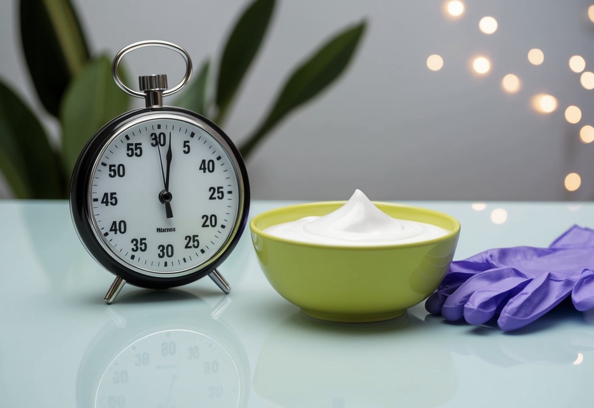 A timer set for 30 minutes next to a bowl of Arctic Fox hair dye and a pair of gloves on a clean, flat surface