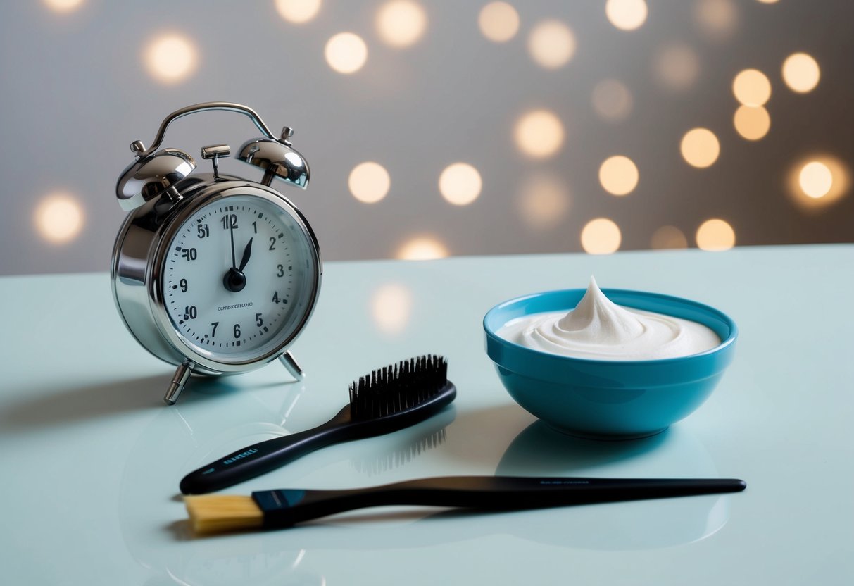 A timer set for 30 minutes next to a bowl of Arctic Fox Hair Dye and a brush on a clean, flat surface