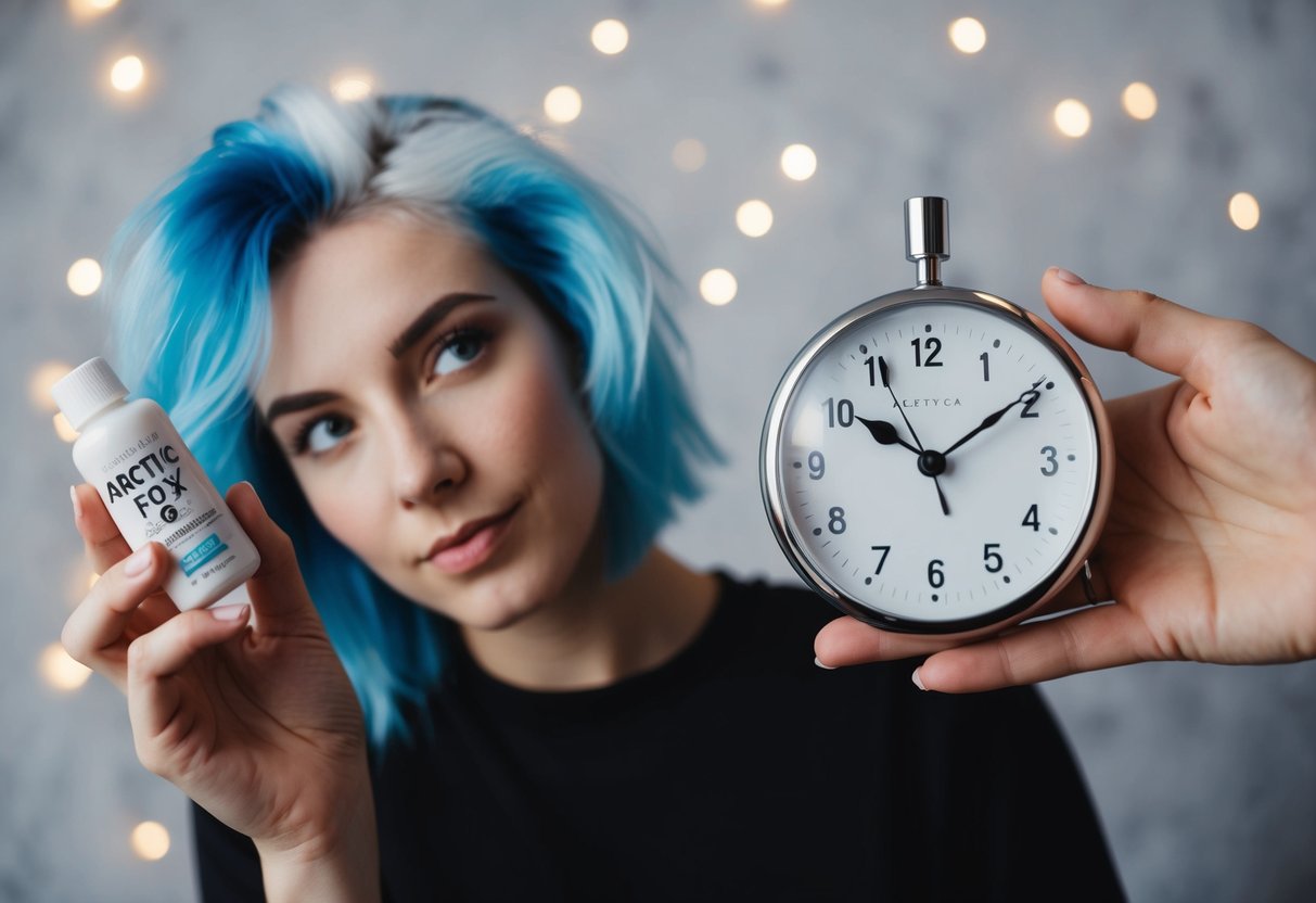 A person with arctic fox hair dye in hand, glancing at a clock showing 30 minutes