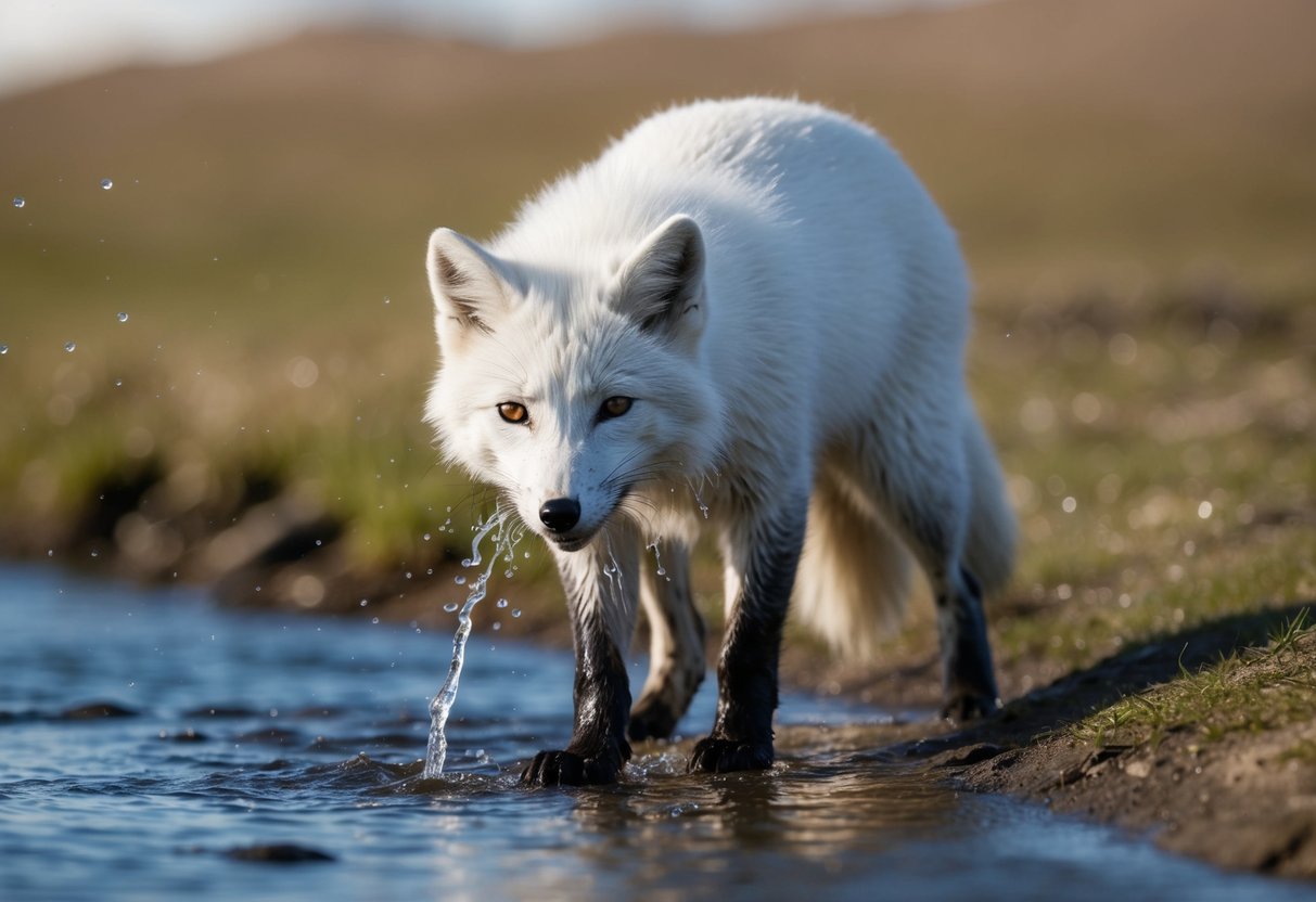 An arctic fox bathes in a shallow stream, shaking off water droplets