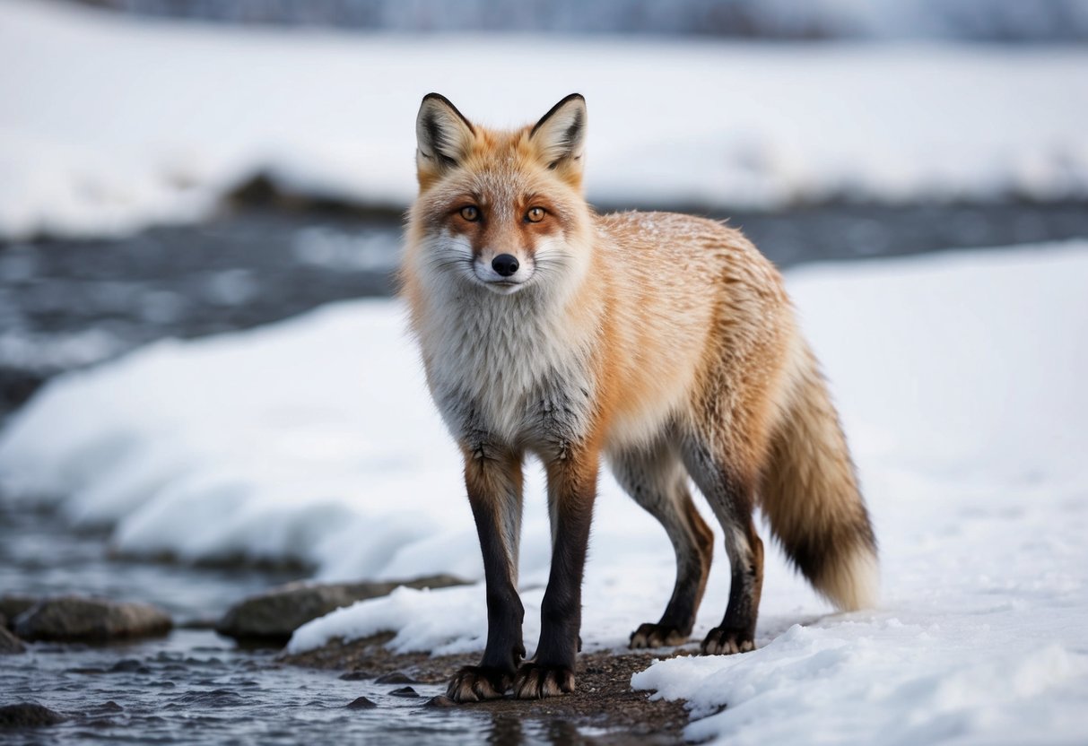 An arctic fox standing in a snowy landscape, its fur wet from multiple washes, with a stream or water source nearby