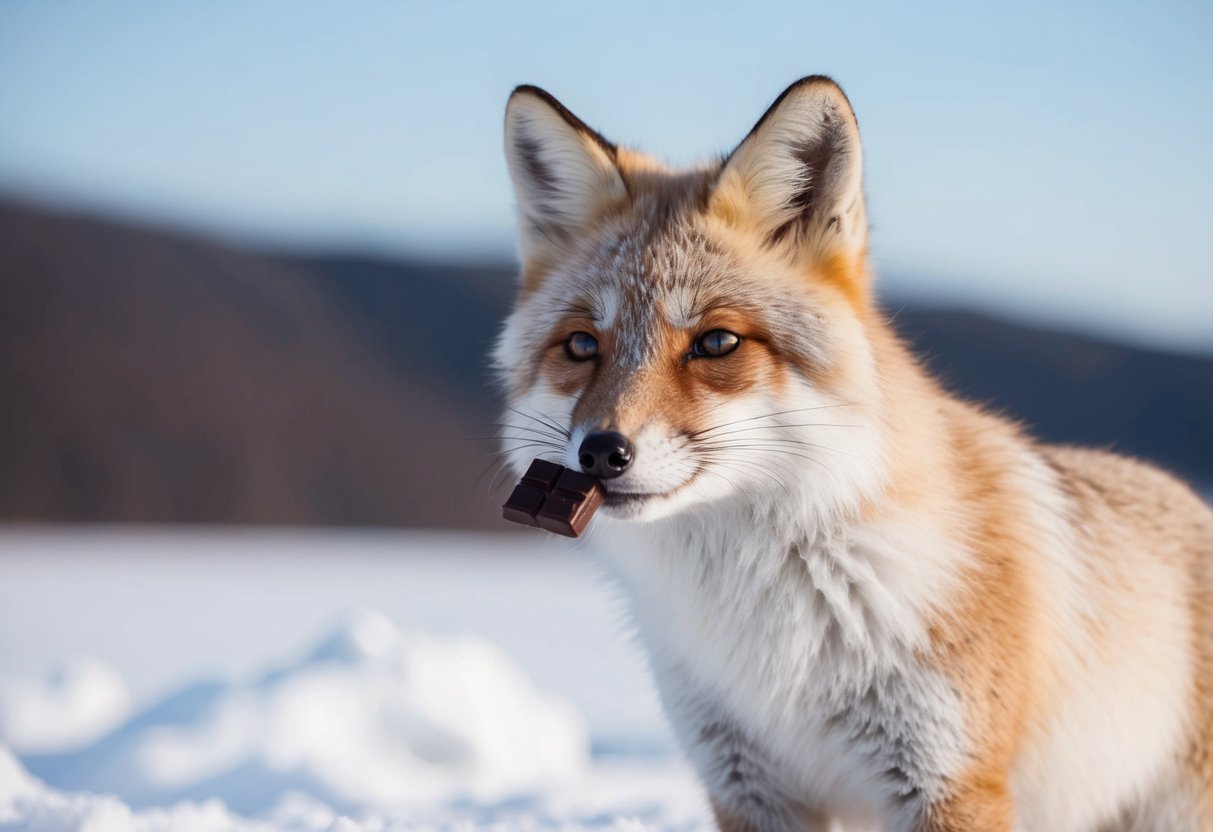 An arctic fox cautiously sniffs a piece of chocolate, then turns away disinterested. Snowy landscape in the background