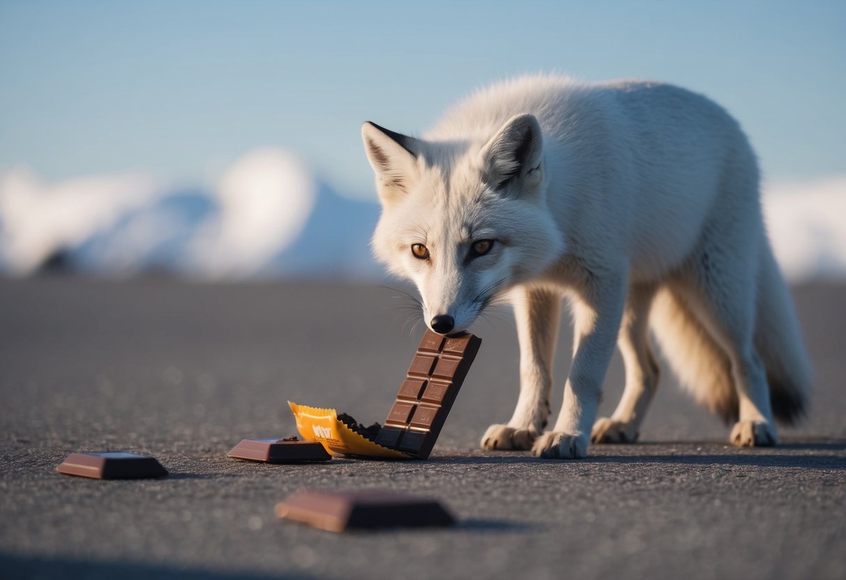 An arctic fox sniffs a discarded chocolate bar, looking curious but cautious