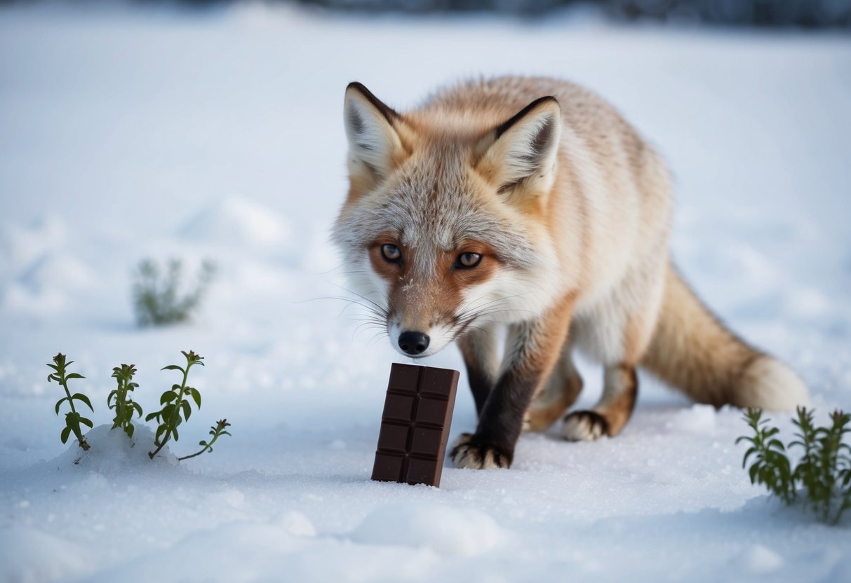 An arctic fox sniffs at a piece of chocolate, looking curious but hesitant to eat it. Snow and ice surround the fox, with a few small plants peeking through the frozen ground