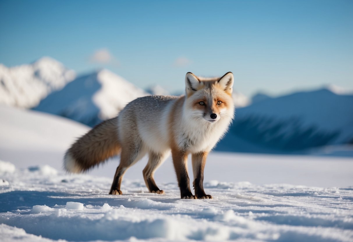 An arctic fox with a bushy tail and white fur stands in a snowy landscape, surrounded by icy mountains and a clear blue sky