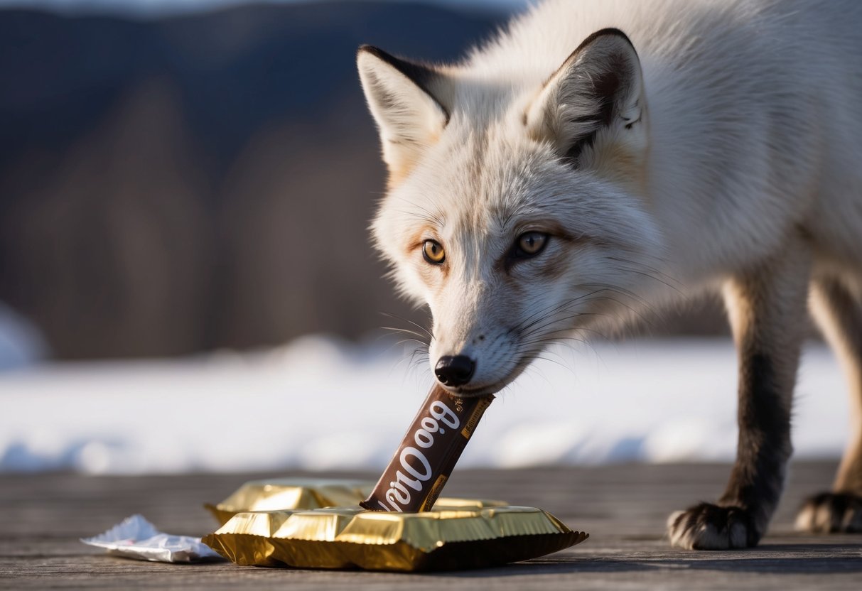 An arctic fox sniffs at a discarded chocolate bar, its curious eyes fixed on the shiny wrapper