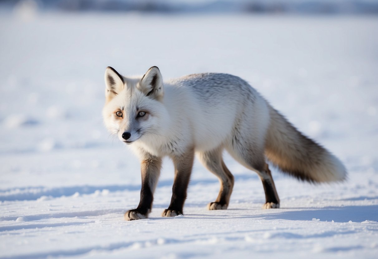 An arctic fox with white fur and a bushy tail, blending into the snowy landscape, hunting for prey in the cold tundra