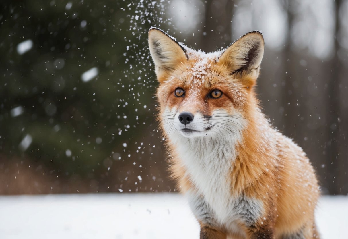 A fox stands under a shower of snowflakes, its fur lathered with shampoo