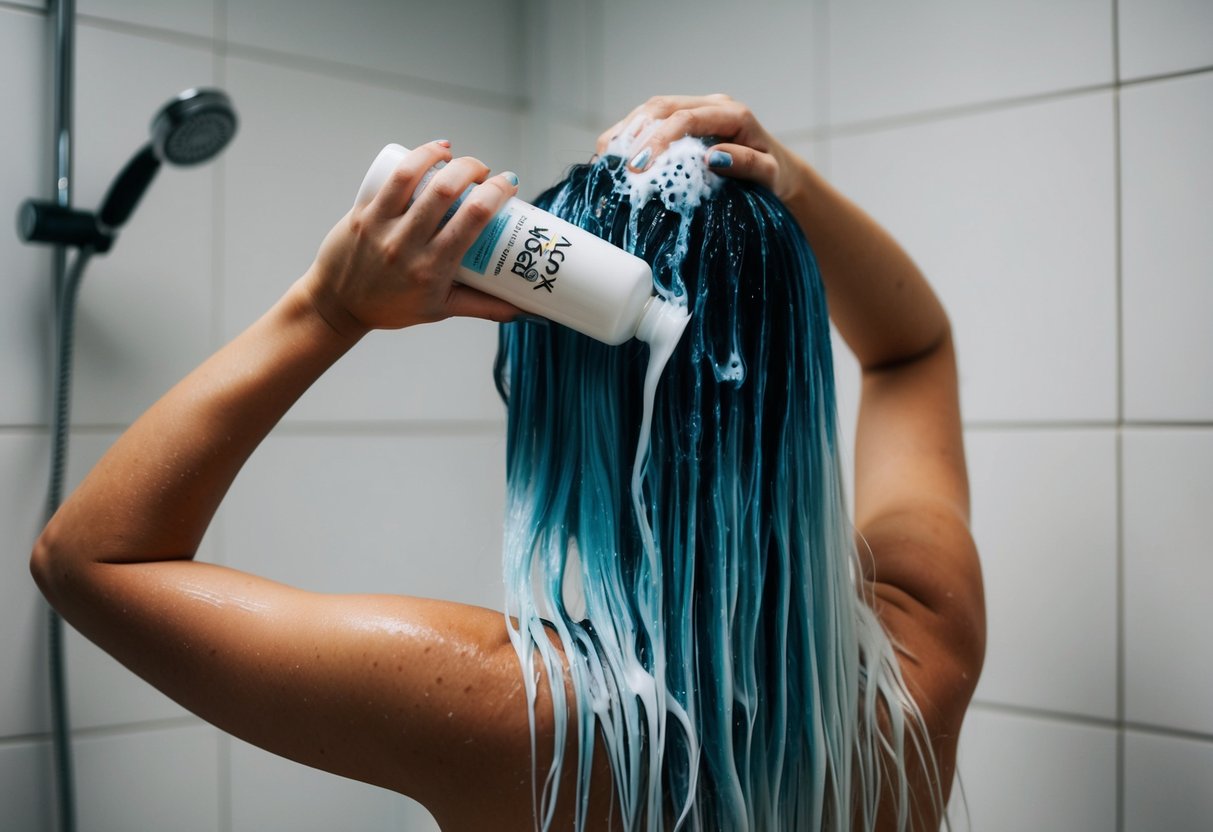 A person rinses their hair in the shower, using shampoo after applying Arctic Fox semi-permanent hair dye