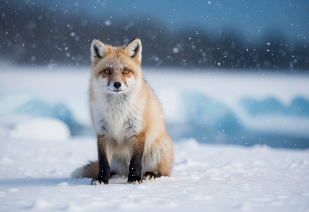An arctic fox in its snowy habitat, surrounded by icy landscapes and flurries of snow