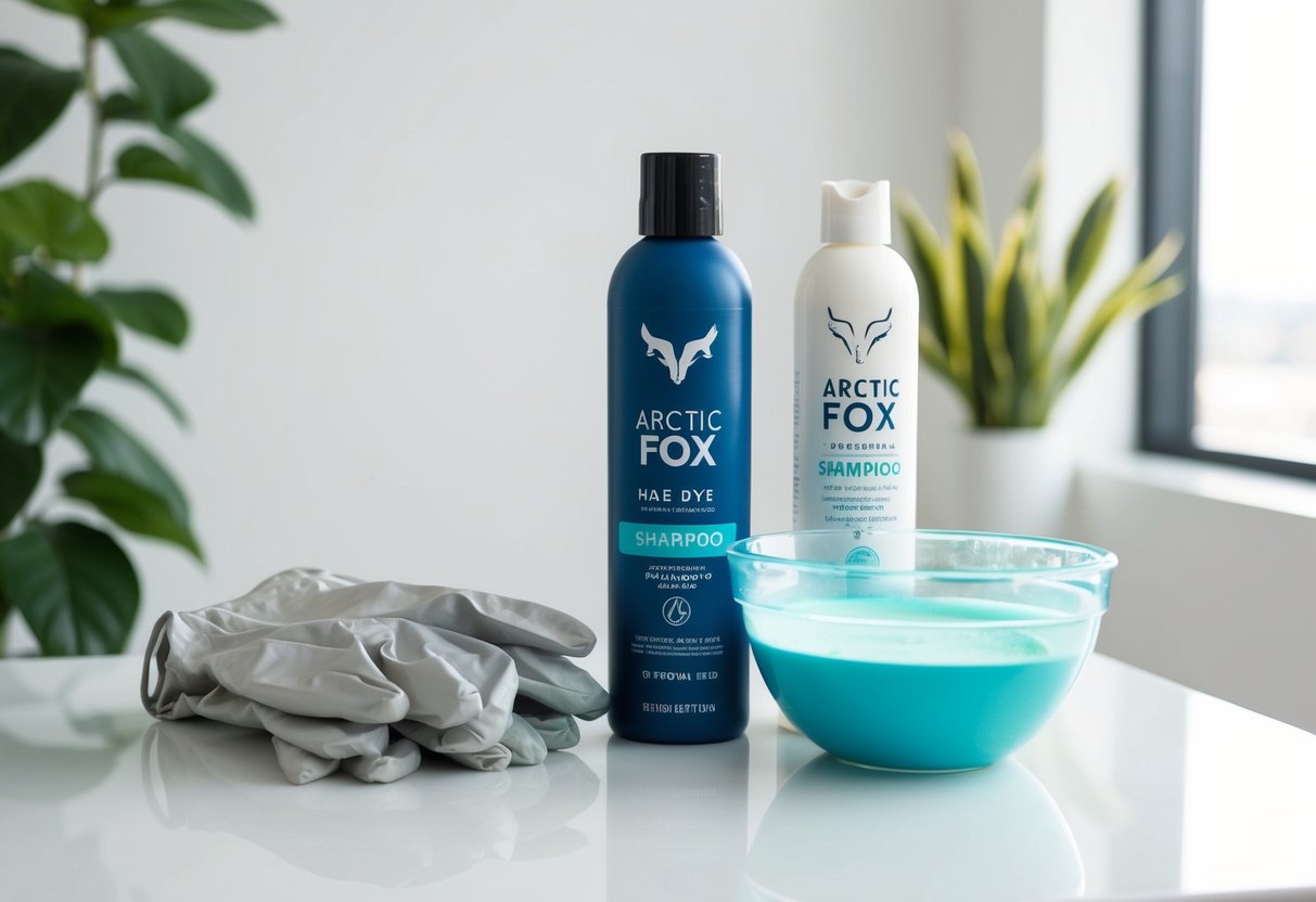 A bottle of Arctic Fox hair dye sits next to a bottle of shampoo on a clean, white surface. A pair of latex gloves and a mixing bowl are also present