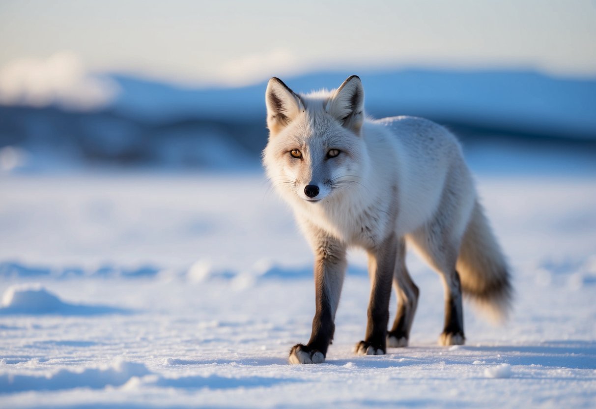 An arctic fox hunts for prey in the snowy tundra, its sleek white fur blending into the icy landscape. The fox's sharp eyes scan the horizon for any movement, ready to pounce on its next meal